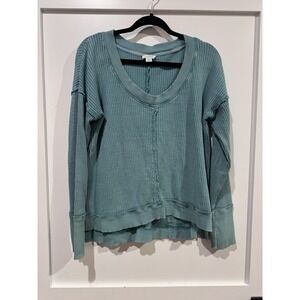 Sundance Cotton Waffle Knit Raw Edge Deep Neck Long Sleeve Top Blue Boho Thermal